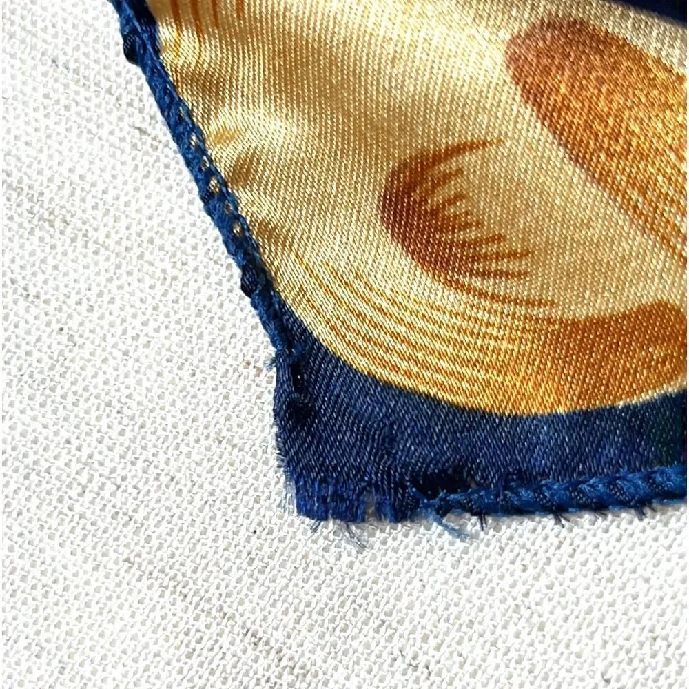 Silk Satin Navy Blue Square Scarf Fruits and Golden Leaves Print